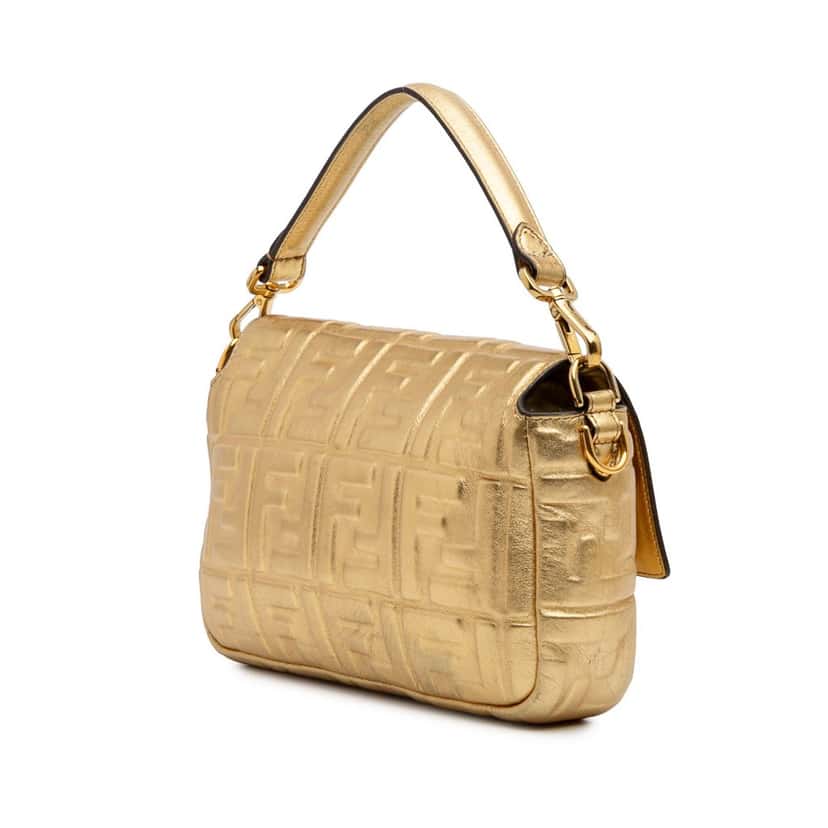 Fendi Zucca Embossed Leather Baguette Satchel Gold Leather Fair condition - Back View