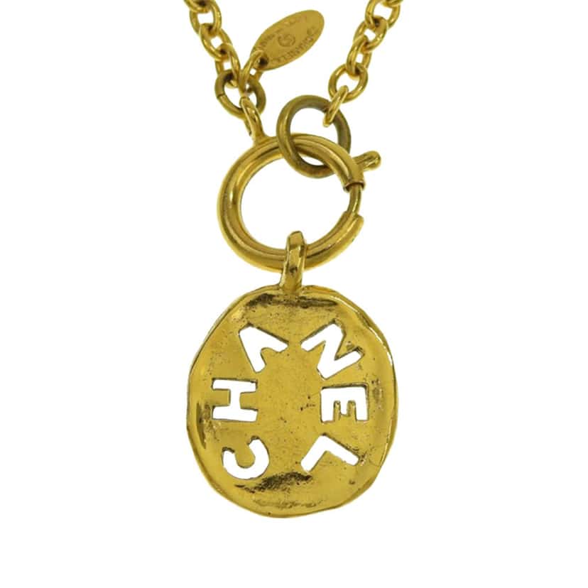 Chanel Gold Plated Logo Round Pendant Necklace Gold Metal Good condition - Front View