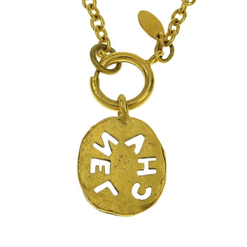 Chanel Gold Plated Logo Round Pendant Necklace Gold Metal Good condition - Back View