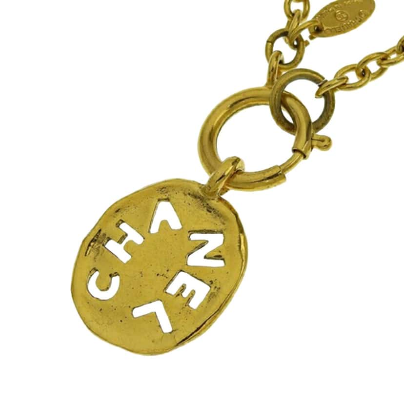 Chanel Gold Plated Logo Round Pendant Necklace Gold Metal Good condition - Inside View