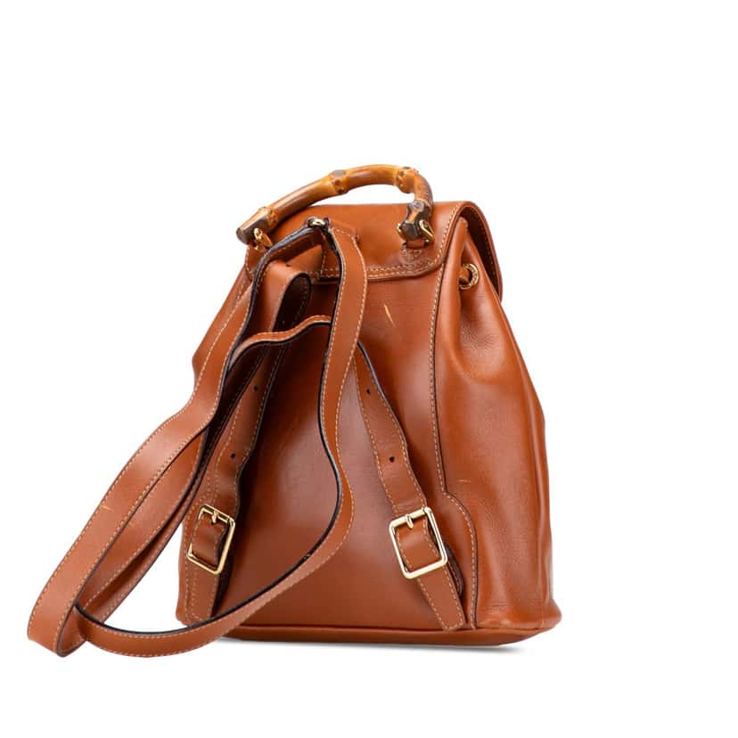 Gucci Leather Bamboo Drawstring Backpack Brown Leather Good condition - Back View