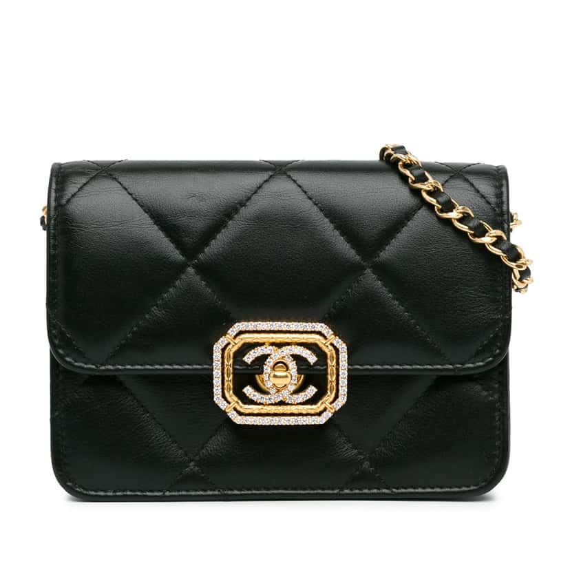 Chanel Quilted Calfskin Strass Clutch With Chain Flap Black Leather Very good condition - Front View