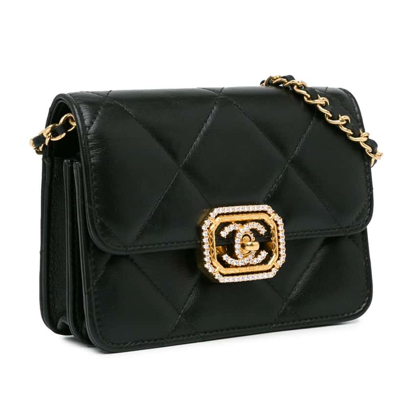 Chanel Quilted Calfskin Strass Clutch With Chain Flap Black Leather Very good condition - Back View