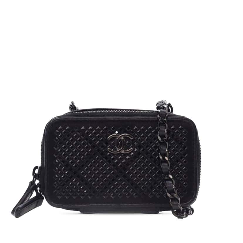 Chanel Lambskin Satin Strass Studded Clutch with Chain Black Leather Good condition - Front View