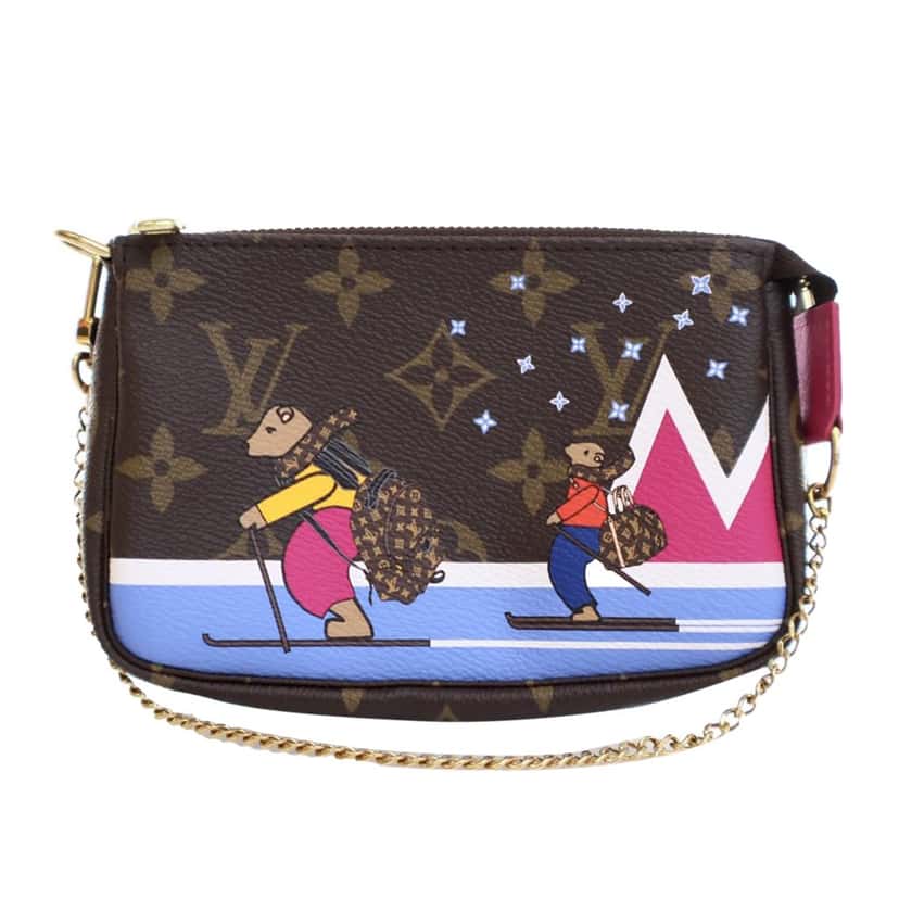 Louis Vuitton Monogram Bears on Skis Christmas Animation Mini Pochette Accessories Brown Canvas Good condition - Front View