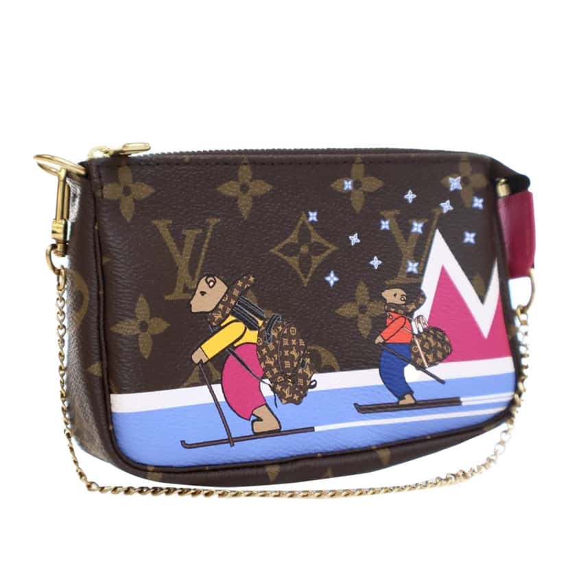 Louis Vuitton Monogram Bears on Skis Christmas Animation Mini Pochette Accessories Brown Canvas Good condition - Back View