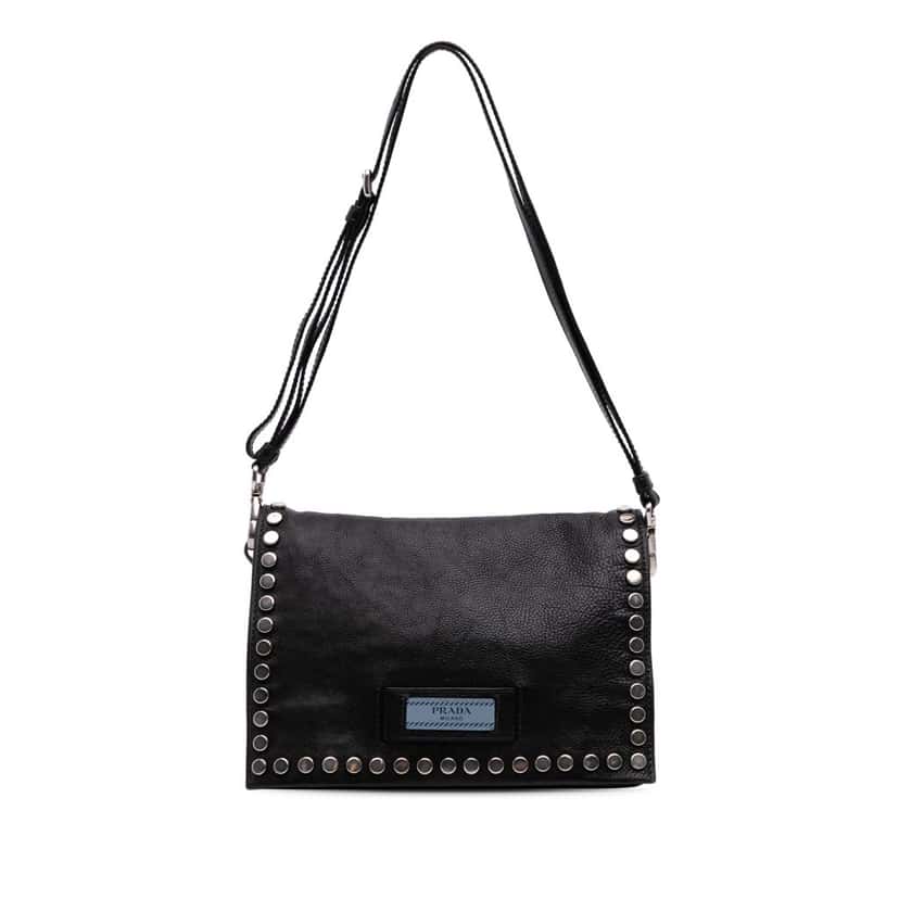 Prada Glace Calfskin Studded Etiquette Flap Black Leather Good condition - Front View