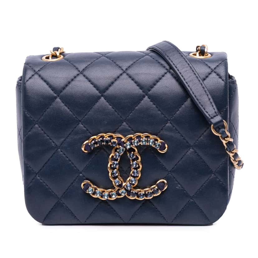 Chanel Mini Lambskin CC Crystal Full flap Blue Leather Good condition - Front View
