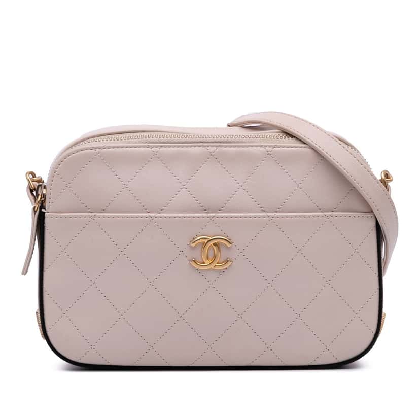 Chanel Calfskin Grosgrain Stitched Button Up Camera Case Brown Leather Good condition - Front View
