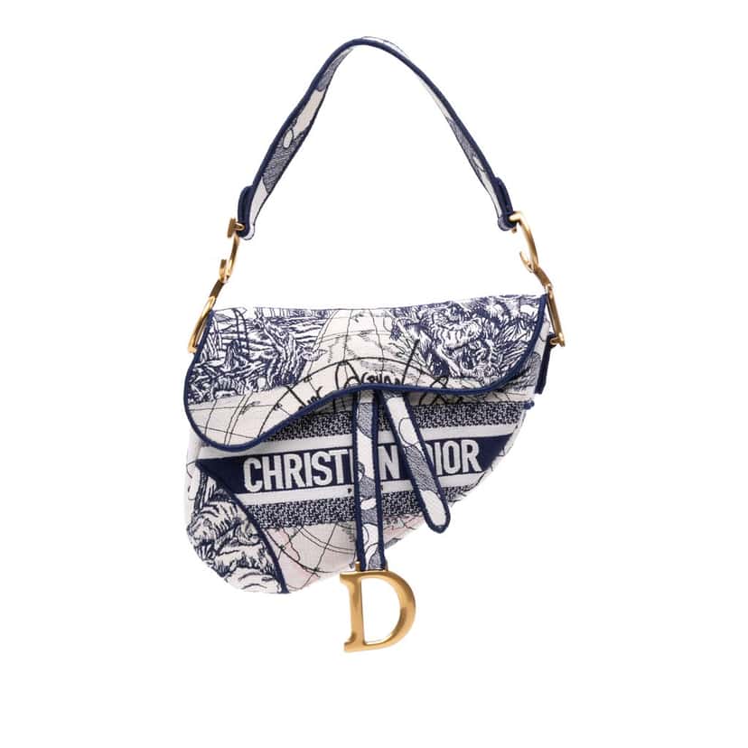 Dior Canvas Embroidered Around the World Saddle Bag Blue Canvas Good condition - Front View