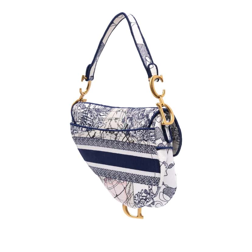 Dior Canvas Embroidered Around the World Saddle Bag Blue Canvas Good condition - Back View