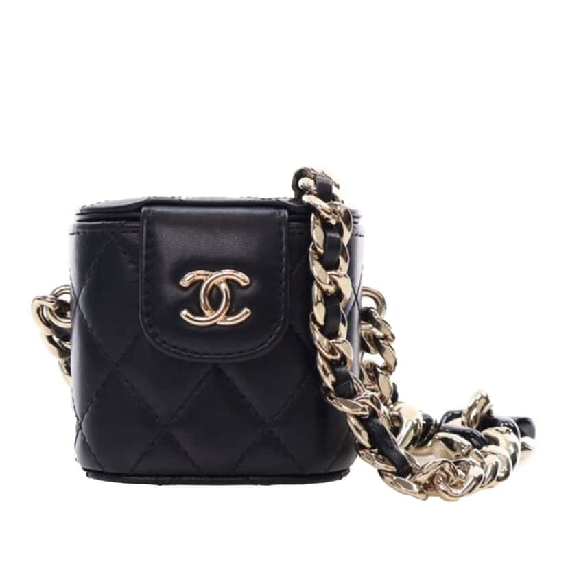 Chanel Mini Quilted Lambskin Resin Elegant Chain Tubular Vanity Case Black Leather Good condition - Front View