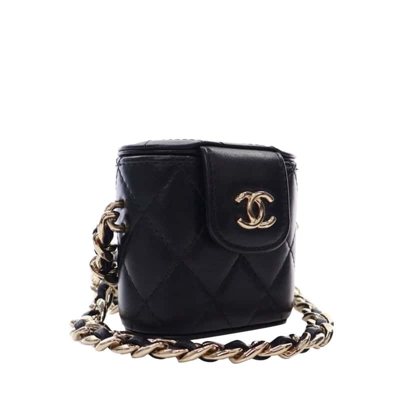 Chanel Mini Quilted Lambskin Resin Elegant Chain Tubular Vanity Case Black Leather Good condition - Back View