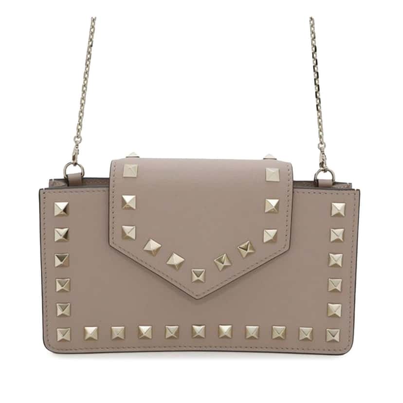 Valentino Calfskin Rockstud Phone Case with Chain Brown Leather Good condition - Front View