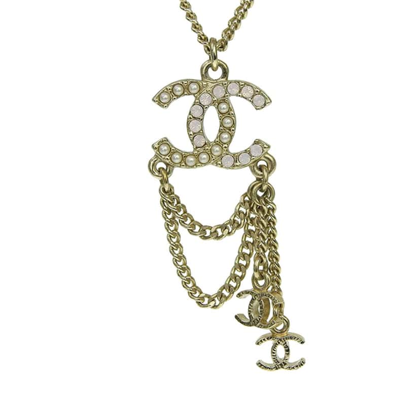 Chanel CC Gold Plated Faux Pearl and Crystal Drop Necklace Gold Metal Good condition - Back View