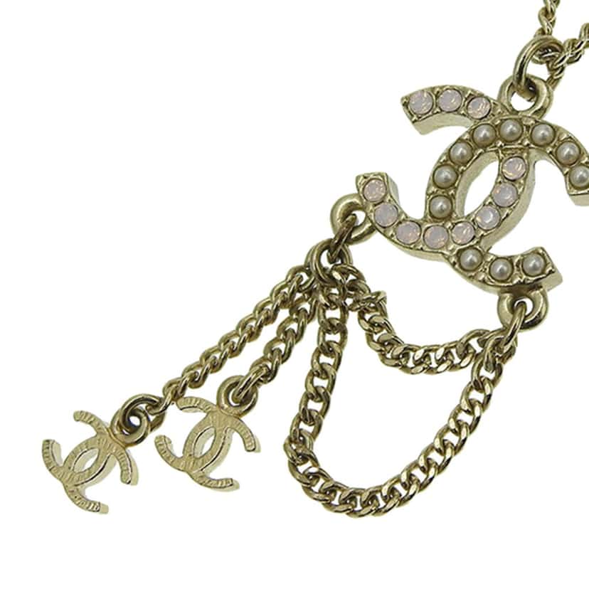 Chanel CC Gold Plated Faux Pearl and Crystal Drop Necklace Gold Metal Good condition - Inside View