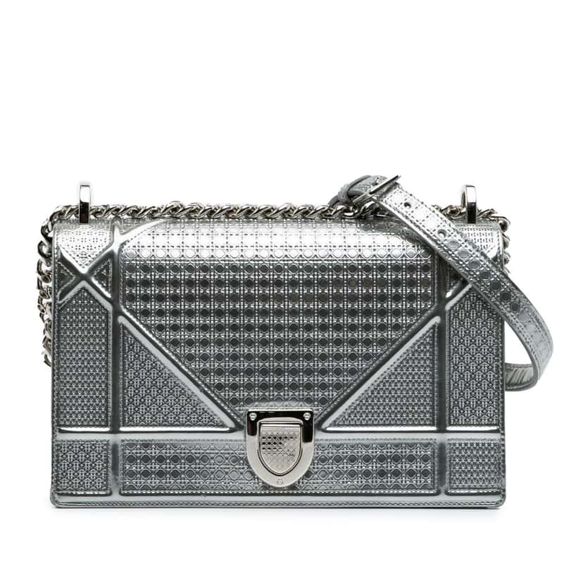 Dior Medium Metallic Patent Microcannage Diorama Flap Silver Leather Good condition - Front View