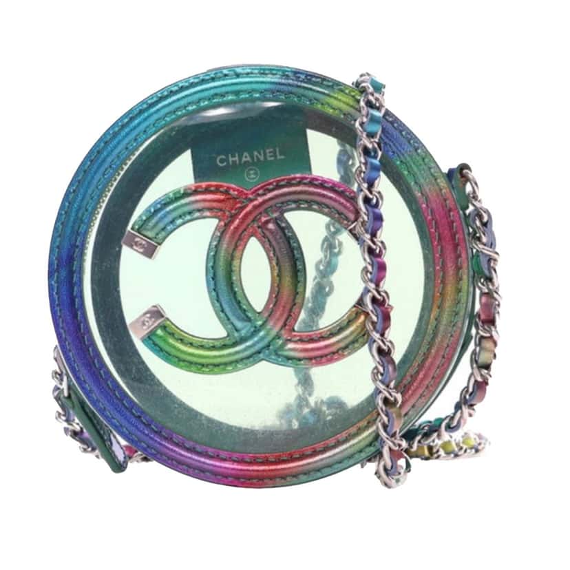 Chanel PVC and Metallic Lambskin CC Filigree Round Clutch with Chain Green Good condition - Front View