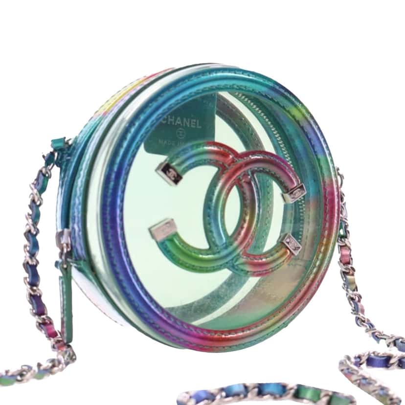 Chanel PVC and Metallic Lambskin CC Filigree Round Clutch with Chain Green Good condition - Back View