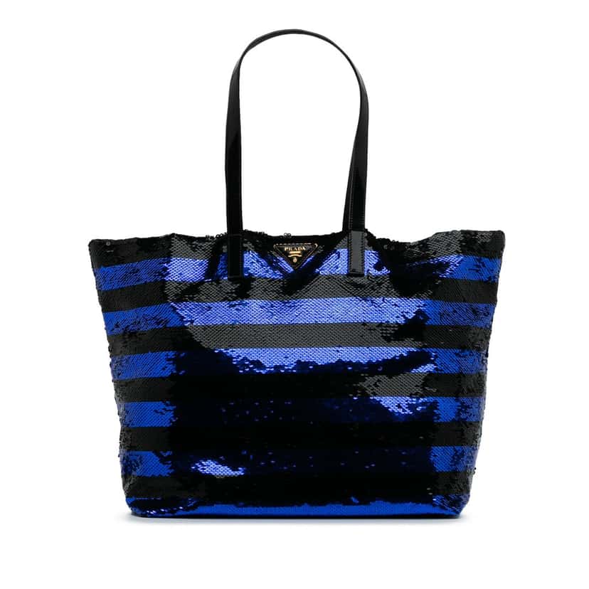 Prada Sequined Satin Stripes Tote Blue Satin Good condition - Front View