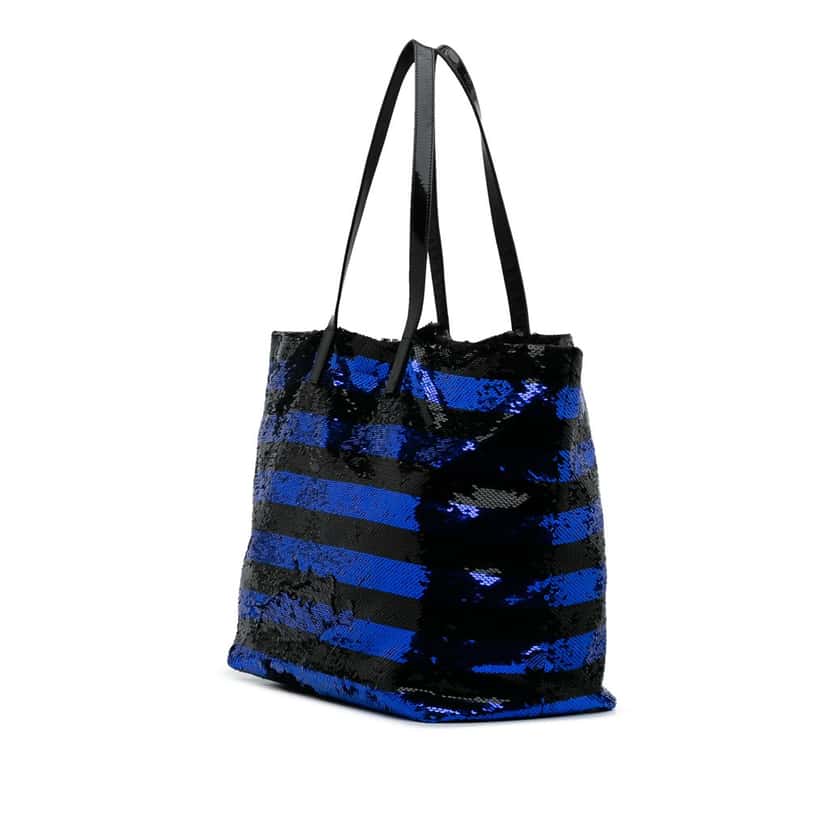 Prada Sequined Satin Stripes Tote Blue Satin Good condition - Back View