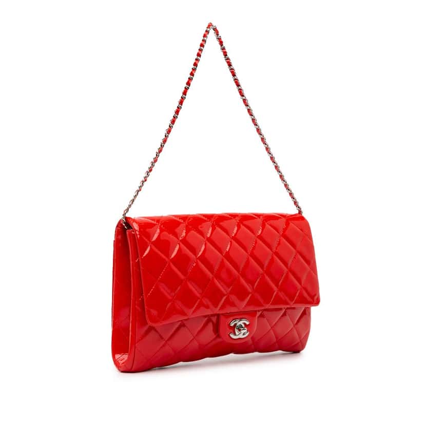 Chanel CC Quilted Patent Clutch with Chain Red Leather Good condition - Back View