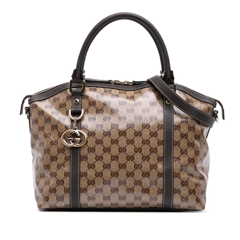 Gucci Medium GG Crystal Charm Dome Satchel Brown Canvas Good condition - Front View