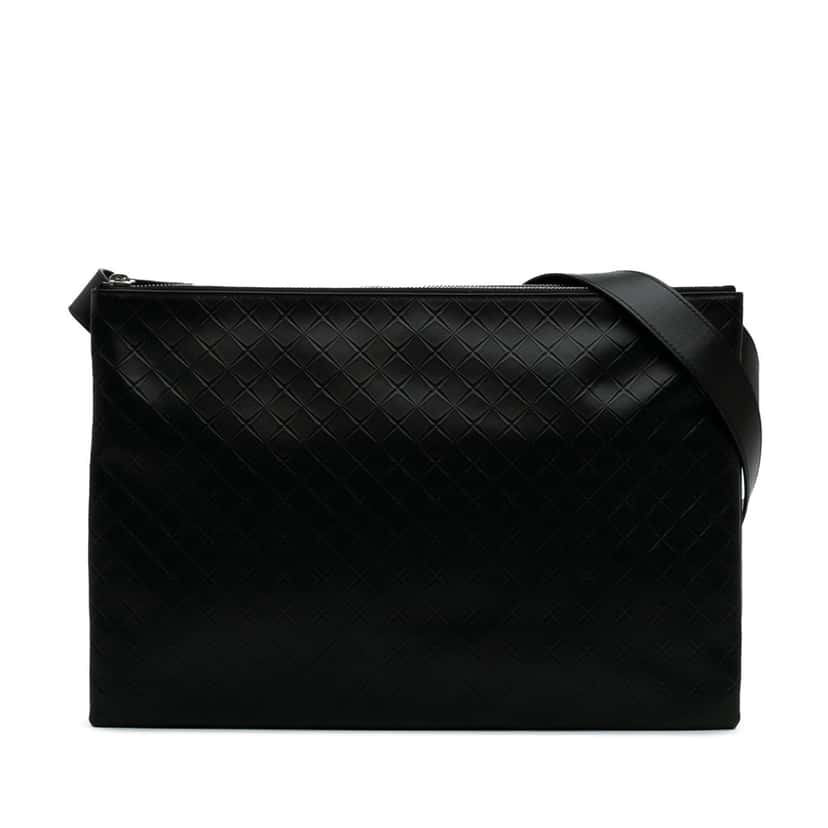 Bottega Veneta Lambskin Embossed Intrecciato Triple Zip Messenger Bag Black Leather Good condition - Front View