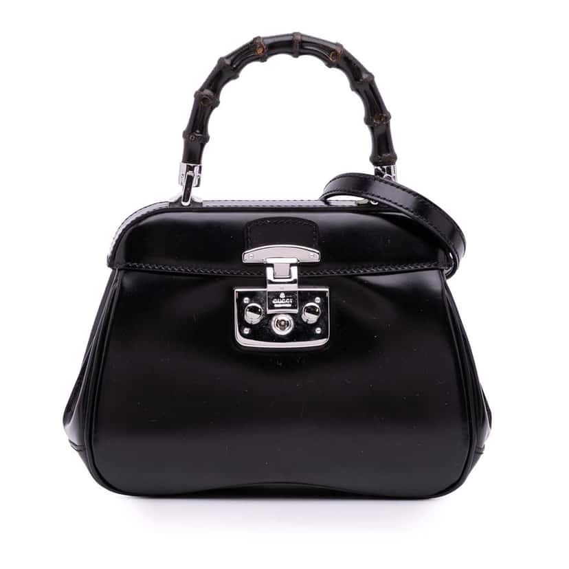 Gucci Mini Polished Leather Bamboo Lady Lock Top Handle Bag Black Leather Good condition - Front View