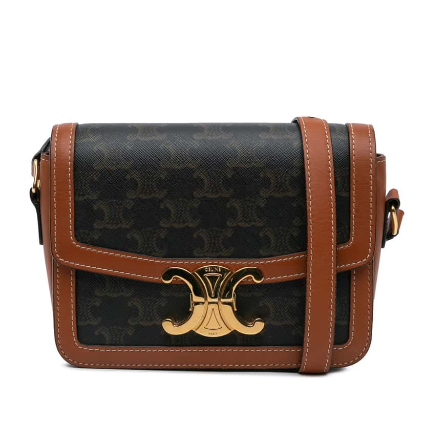 Celine Teen Triomphe Coated Canvas and Calfskin Triomphe Crossbody Brown Canvas Good condition - Front View