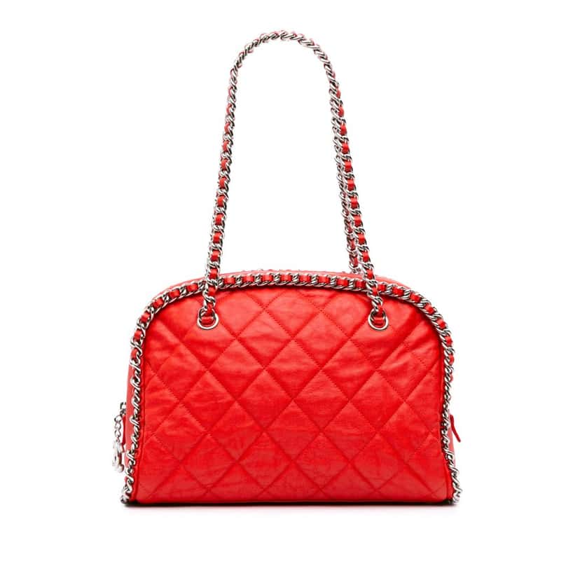 Chanel Quilted Washed Lambskin Chain Around Bowler Red Leather Good condition - Front View
