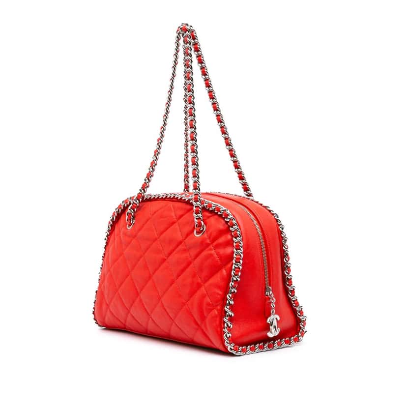 Chanel Quilted Washed Lambskin Chain Around Bowler Red Leather Good condition - Back View