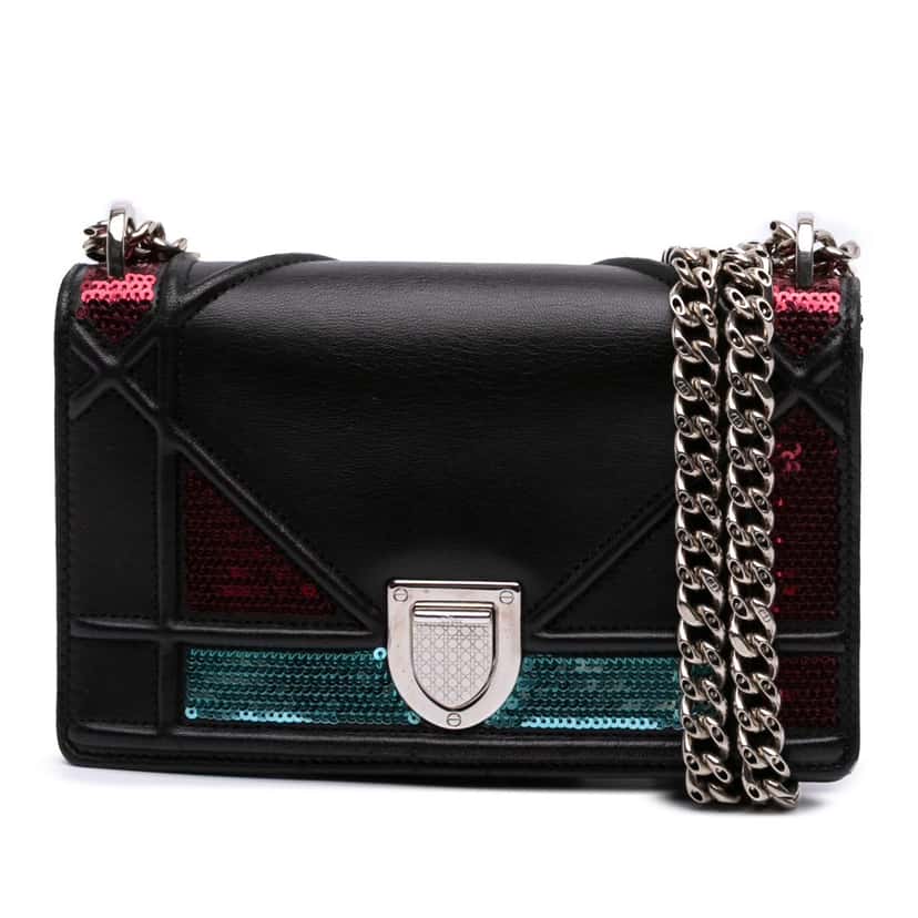 Dior Mini Lambskin Sequin Diorama Flap Black Leather Fair condition - Front View