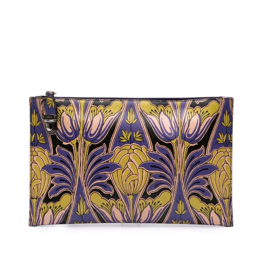 Prada Saffiano Stampa Floral Clutch Yellow Leather Good condition - Front View
