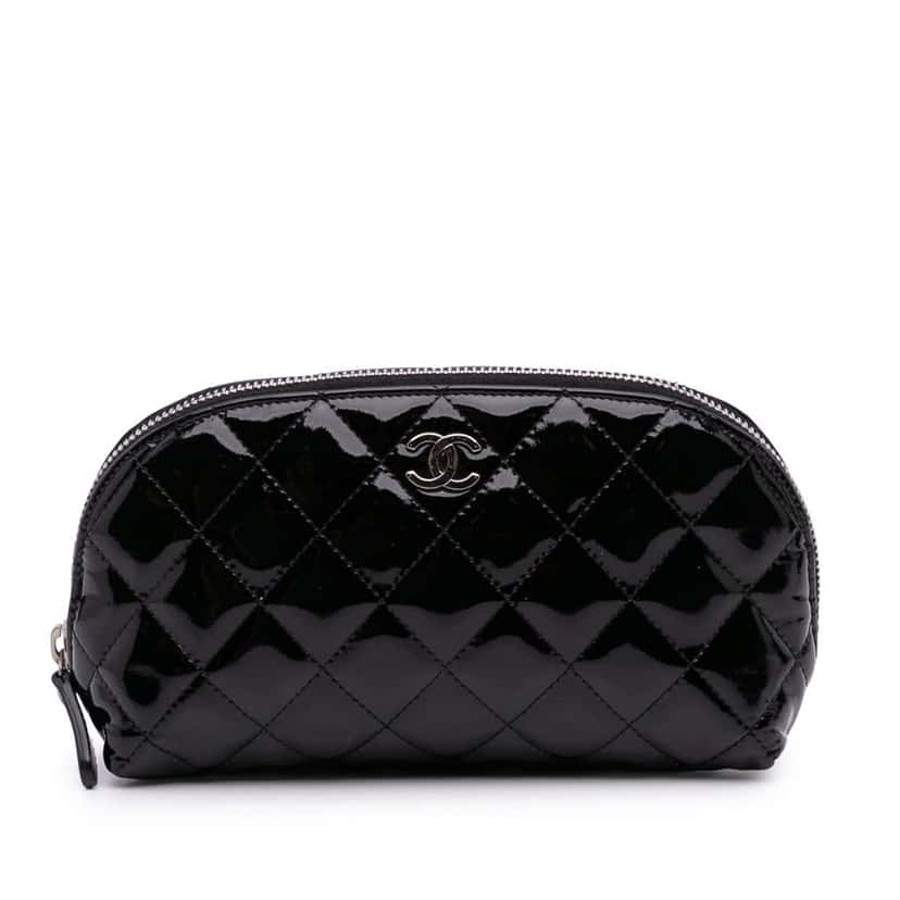 Chanel CC Quilted Patent Cosmetic Pouch Black Leather Good condition - Front View