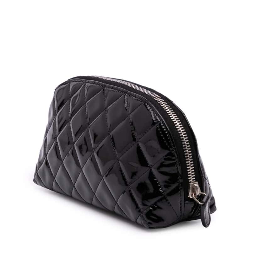 Chanel CC Quilted Patent Cosmetic Pouch Black Leather Good condition - Back View