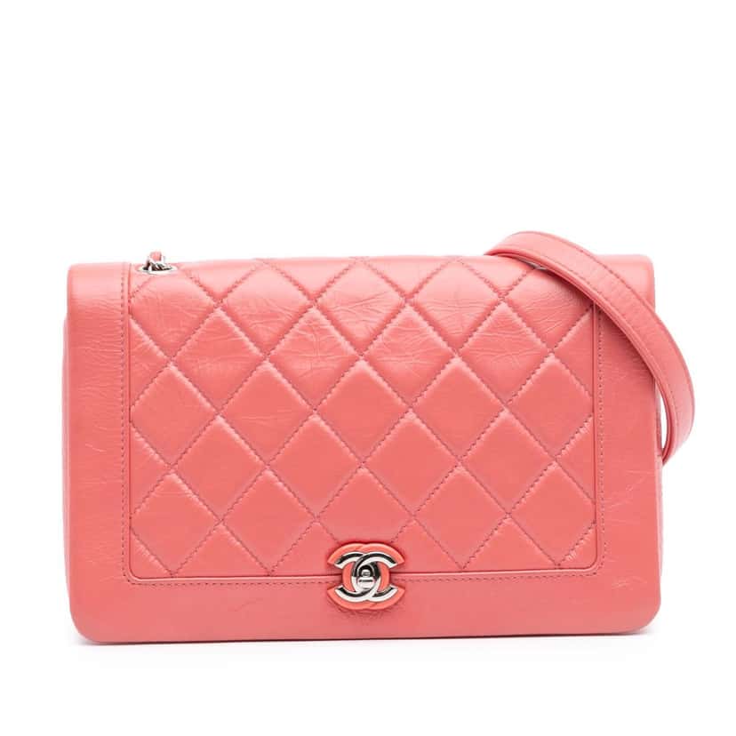 Chanel Crumpled Calfskin Bi Quilted Vintage Full Flap Pink Leather Good condition - Front View