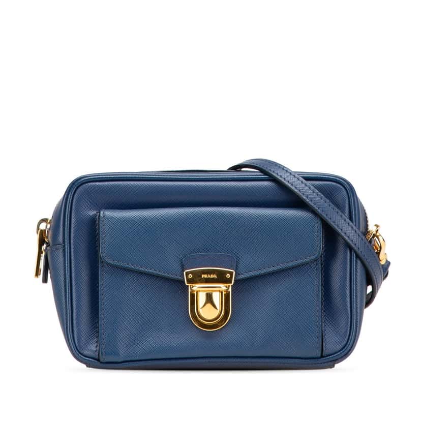 Prada Saffiano Push Lock Pocket Camera Bag Blue Leather Good condition - Front View