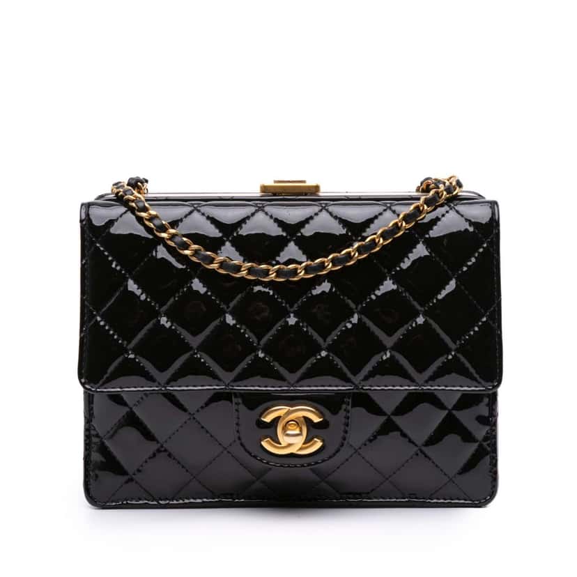 Chanel CC Quilted Patent Frame Flap Black Leather Good condition - Front View