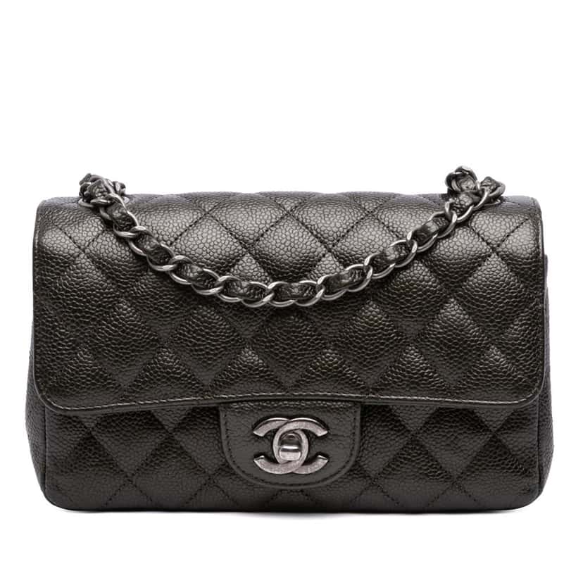 Chanel Mini Rectangular Classic Caviar Single Flap Grey Leather Good condition - Front View