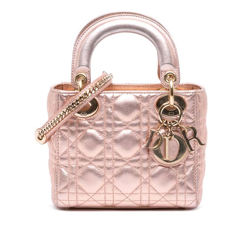 Dior Mini Metallic Lambskin Cannage Lady Dior Pink Leather Good condition - Front View