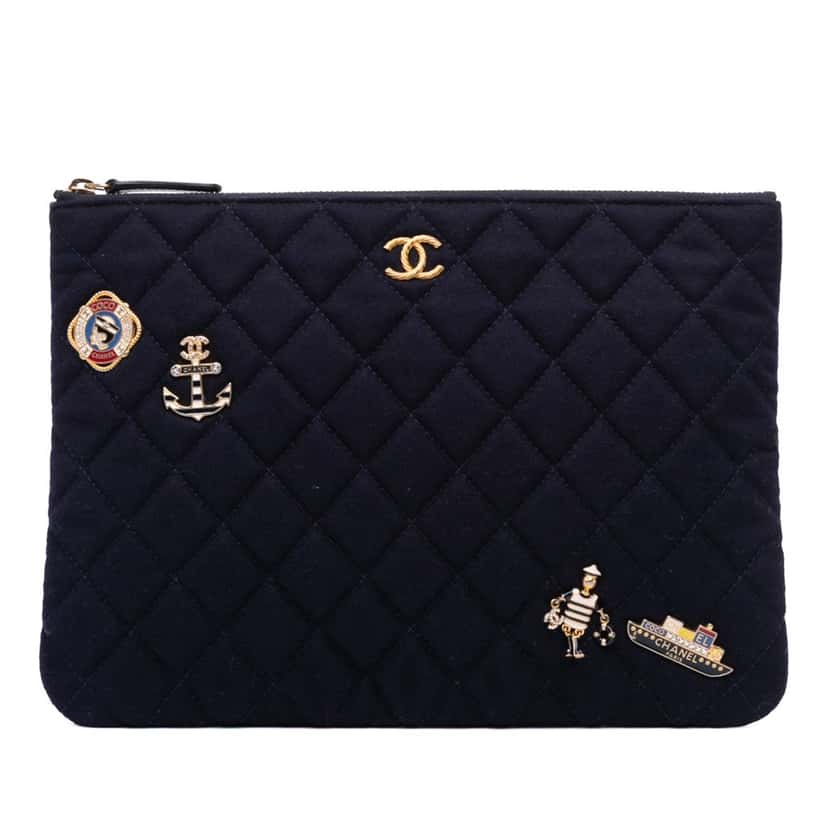 Chanel Paris Hamburg Medium Quilted Wool Coco Sailor Charms O Case Clutch Blue Wool Good condition - Front View