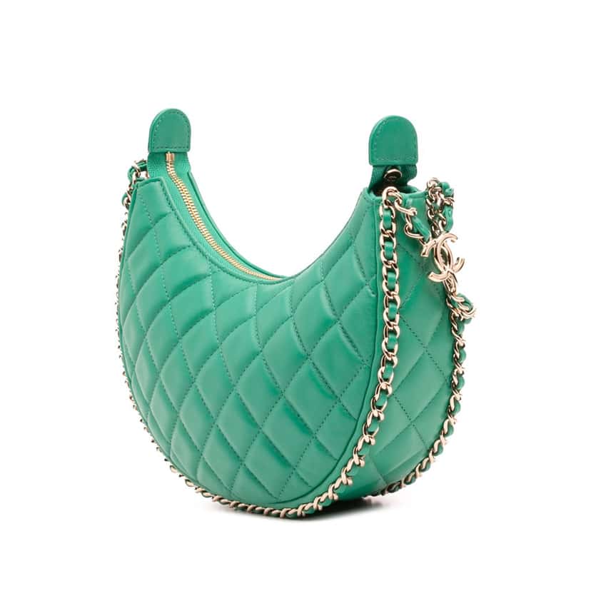 Chanel Small Quilted Lambskin Chain Around Hook Hobo Bag Green Leather Very good condition - Back View