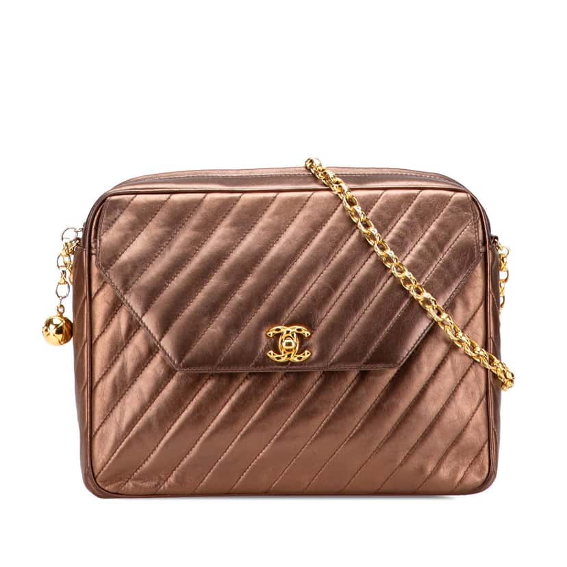 Chanel CC Diagonal Quilted Metallic Lambskin Camera Bag Brown Leather Good condition - Front View