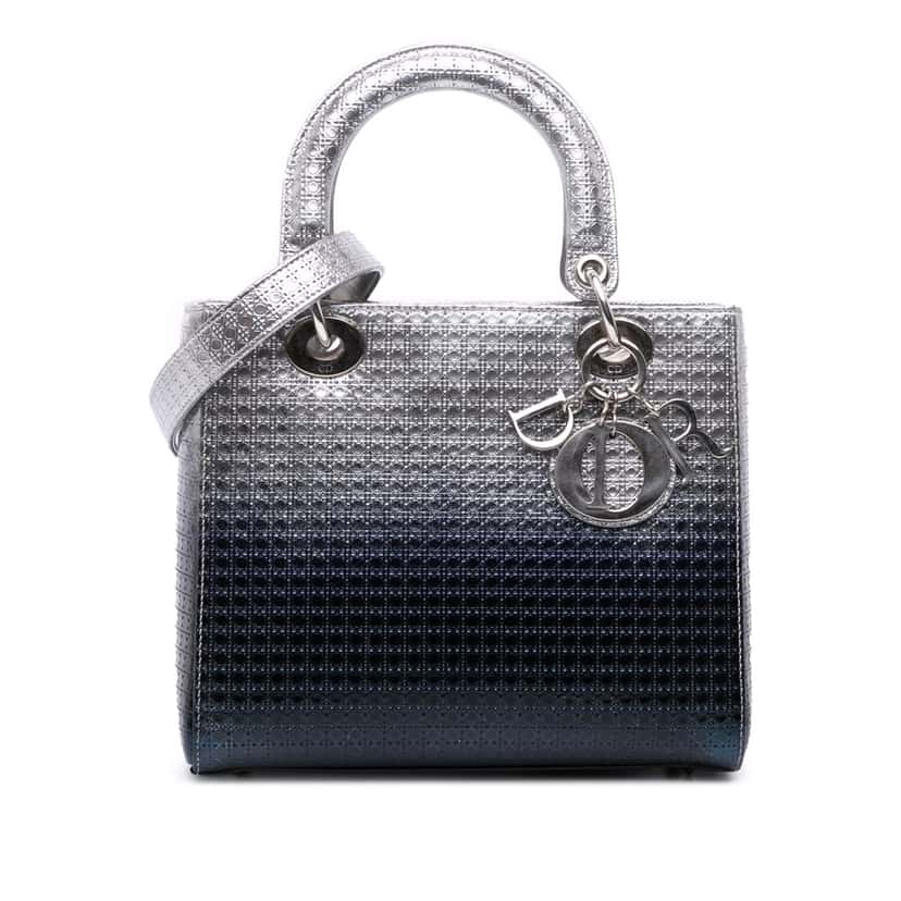 Dior Medium Ombre Metallic Patent Microcannage Lady Dior Silver Leather Good condition - Front View