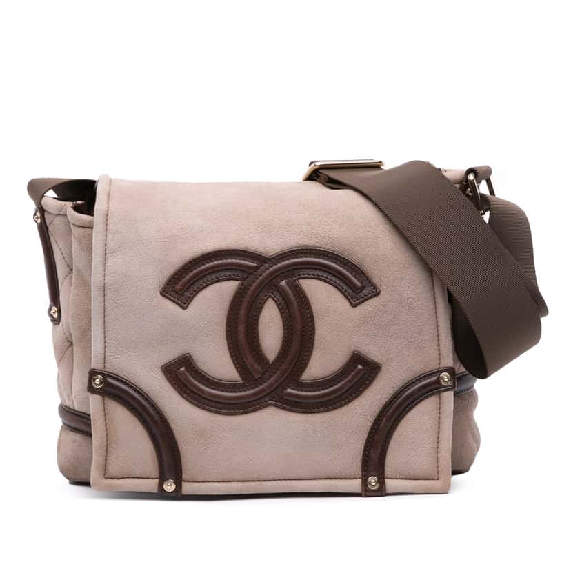 Chanel CC Suede and Shearling Messenger Bag Brown Leather Good condition - Front View