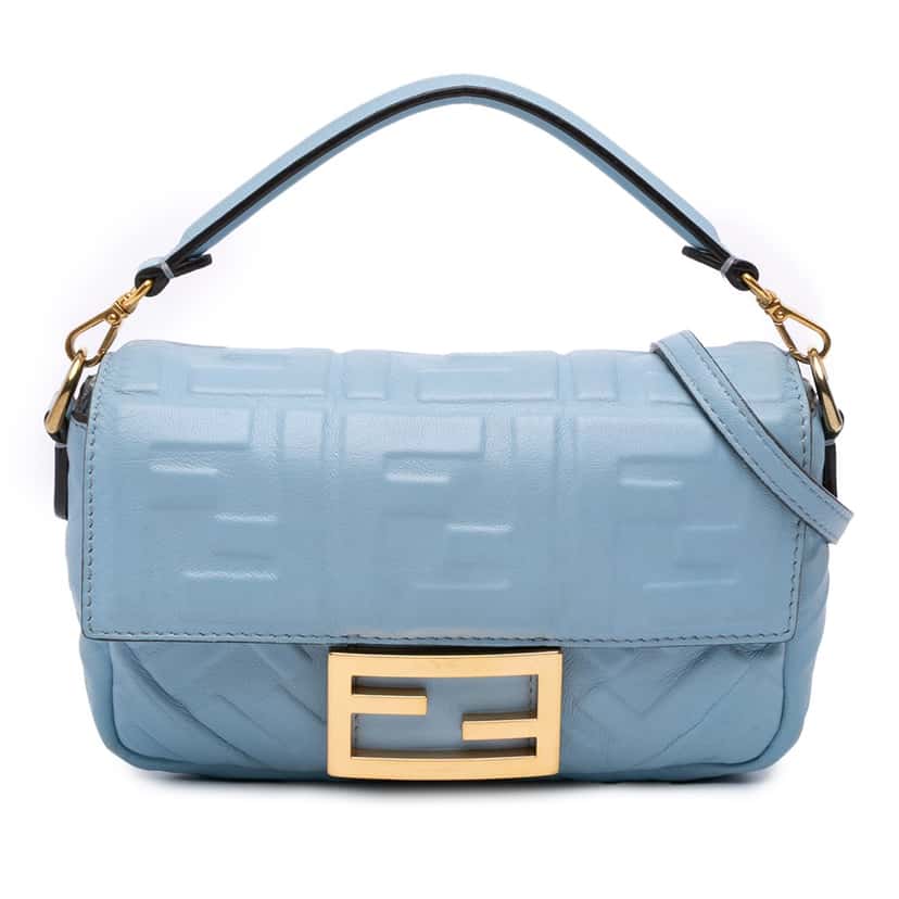 Fendi Mini Zucca Embossed Leather Baguette Satchel Blue Leather Good condition - Front View
