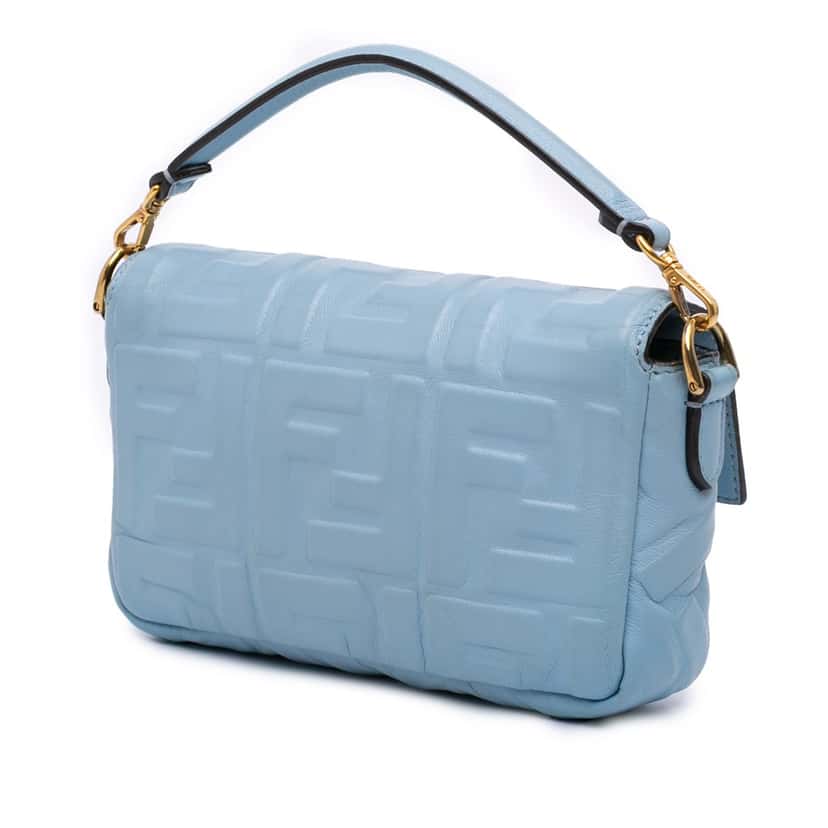 Fendi Mini Zucca Embossed Leather Baguette Satchel Blue Leather Good condition - Back View