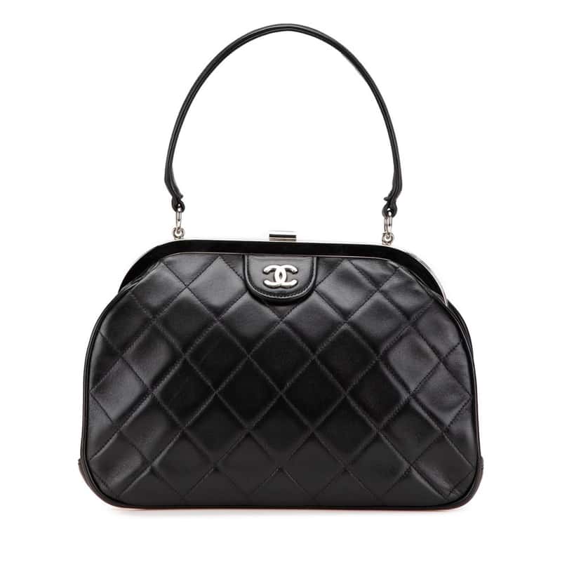 Chanel CC Quilted Lambskin Kiss Lock Frame Top Handle Bag Black Leather Good condition - Front View