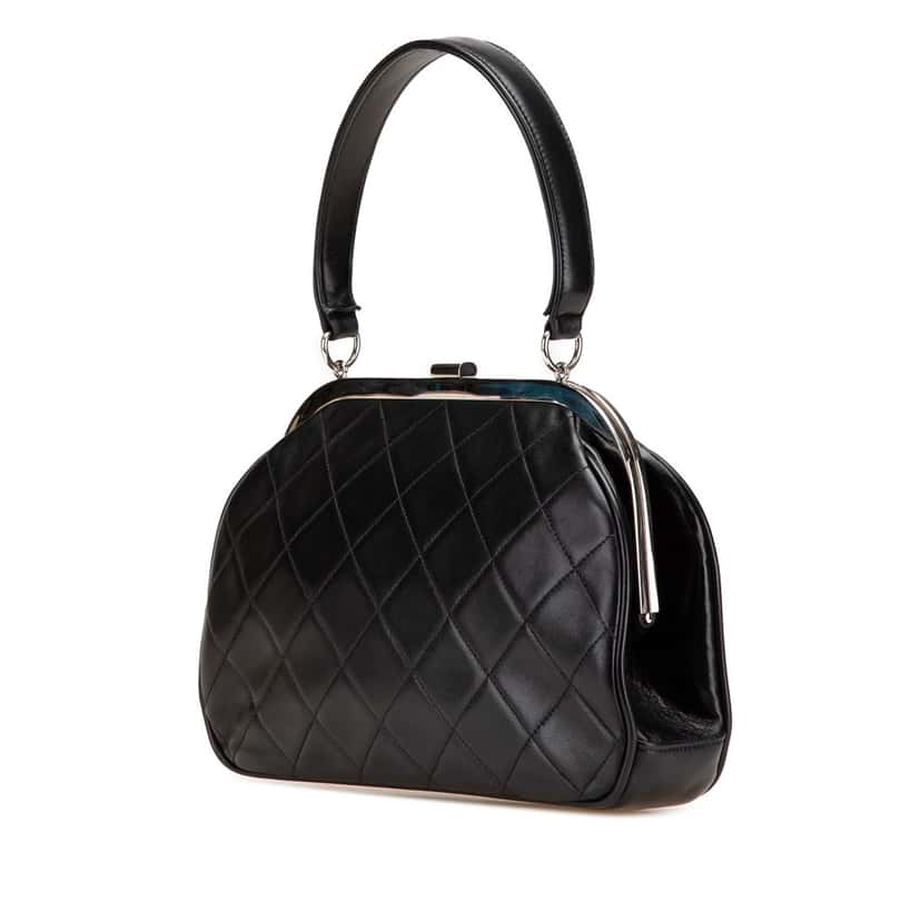 Chanel CC Quilted Lambskin Kiss Lock Frame Top Handle Bag Black Leather Good condition - Back View